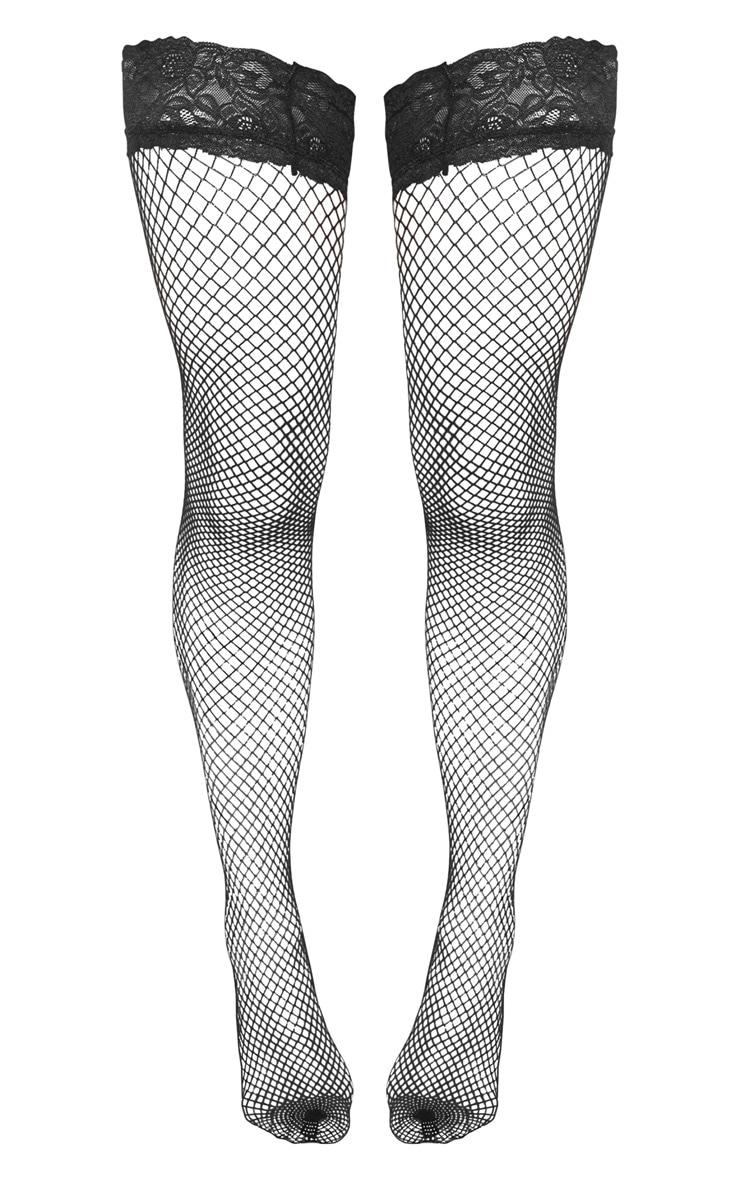 Women's Black Fishnet Thigh High Stockings with Lace Top