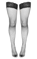 Women's Black Fishnet Thigh High Stockings with Lace Top